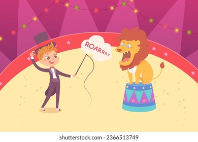 Circus performance with lion and trainer vector illustration. Cartoon isolated angry lion sitting on arena podium and roaring, cute tamer boy in vintage dress holding whip to train circus animal.