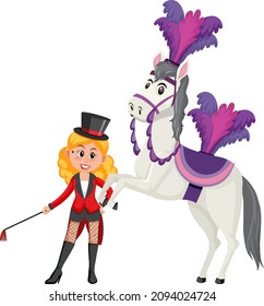 Circus performance with magician girl and horse cartoon character illustration