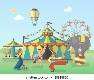 Circus performance in park poster with tent balloon strongman elephant seal clown carousel with horses vector illustration