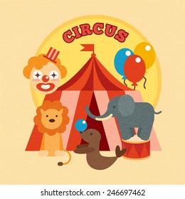 Circus performance poster with tent clown and lion elephant sealion animals flat vector illustration