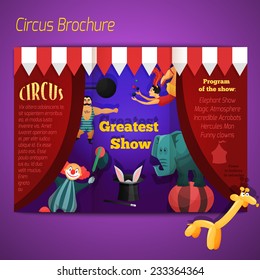 Circus performance show brochure with athlete clown elephant vector illustration.