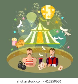 Circus performance, circus show, magician strongman magician magic tricks vector illustration 