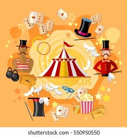 Circus performance, circus show. Magician, strongman, magic tricks vector illustration 