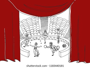 Circus performance . Sketch stile vector illustration. Hand drawn imitation. Clowns on arena and colored curtains. Vector objects.