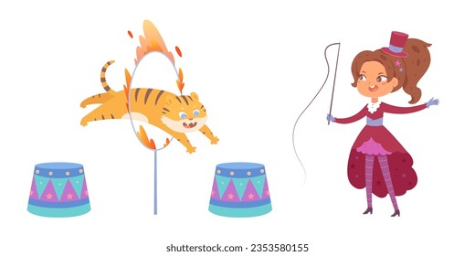 Circus performance of tiger jumping through ring with fire and trainer vector illustration. Cartoon isolated portraits of cute girl tamer in vintage tuxedo holding whip to train animal to jump.