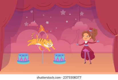 Circus performance of tiger jumping through ring with fire and trainer vector illustration. Cartoon isolated portraits of cute girl tamer in vintage tuxedo holding whip to train animal to jump.