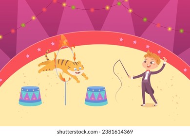 Circus performance of tiger jumping through ring with fire and trainer vector illustration. Cartoon isolated portraits of cute boy tamer in vintage tuxedo holding whip to train animal to jump.