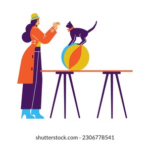 Circus performance with trained cat on ball, cartoon flat vector illustration isolated on whit background. Animals in circus. Woman performing tricks with cat. Children s birthday concept.