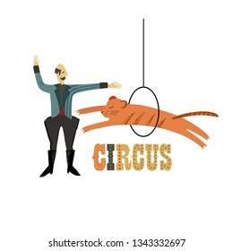 Circus performance. Vector illustration. Hand drawn imitation. Human and animals. Trainer and tiger.