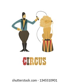 Circus performance. Vector illustration. Hand drawn imitation. Human and animals. Trainer and lion.
