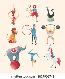 Circus performances of acrobats with animals. Magic and gymnastic tricks. Representation of animals, lion, bear and elephant with circus magician. Vector illustration