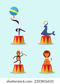 Circus performances of acrobats with animals. Magic and gymnastic tricks. Representation of animals, lion, bear and elephant with circus magician. Vector illustration