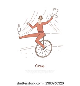 Circus performer, actor in carnival costume showing tricks, juggler, acrobat balancing, riding unicycle banner