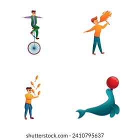 Circus performer icons set cartoon vector. Juggler, unicycle artist and fakir. Amusement, show