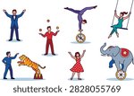 Circus Performer Illustration Collection with Acrobat Juggling Elephant Trainer and Entertainment Show Vector Design Elements for Creative Projects