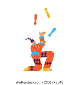 Circus performer in jester costume juggling balls, cartoon flat vector illustration isolated on white background. Funny clown juggler. Children s birthday entertainment.