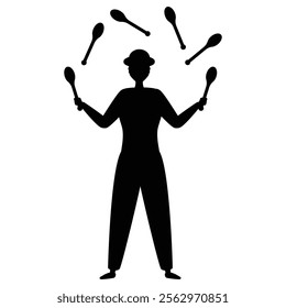 Circus Performer on Stilts Silhouette with Juggling Act