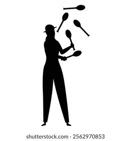 Circus Performer on Stilts Silhouette with Juggling Act