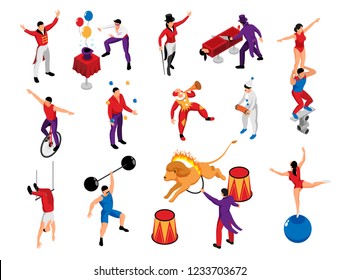 Circus performer profession isometric icons set with magician strongman clown pantomime acrobat lion tamer isolated vector illustration 