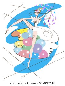  circus performer in a smart bright suit, dancing on a rope under the big top