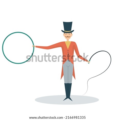 circus performer tamer in red suit with ring and whip 