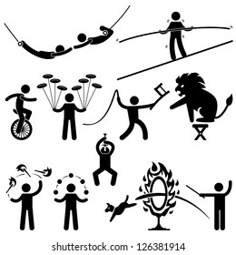 Circus Performers Acrobat Stunt Animal People Man Stick Figure Pictogram Icon