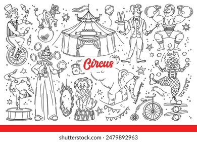 Circus performers and animals entertain spectators during performances in tent. Clowns or acrobats from traveling circus train dogs and lions or perform magic tricks. Hand drawn doodle