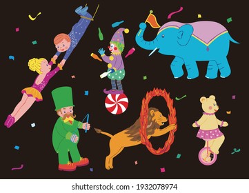 Circus Performers and Animals Icon Set