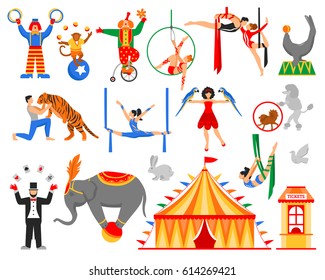 Circus Performers Artists Actors Show Set Of Flat Isolated Air Acrobats Equilibrists Clowns Animal Tamer Characters Vector Illustration