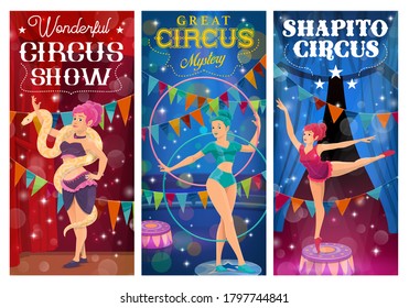 Circus performers. Cartoon gymnast, snake charmer and acrobat women, cartoon characters on big top tent arena with acrobatics show performance. Girls acrobats perform circus stunts