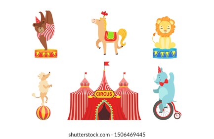 Circus Performers Characters Set, Marquee, Circus Animals, Lion, Bear, Horse, Poodle Dog, Elephant Vector Illustration