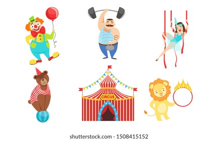 Circus Performers Characters Set, Strongman, Air Gymnast, Clown, Circus Lion and Bear Vector Illustration