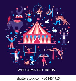 Artistas de circo vectorial plano Ilustración con carpa en el centro y animales entrenados y actores de circo alrededor