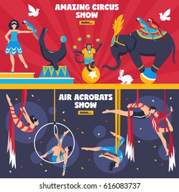 Circus performers horizontal banners set with flat dancing animals equilibrists hanging air acrobats with more button vector illustration