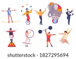 Circus performers are jugglers, acrobats, elephant, magicians and clowns vector illustration. Cartoon characters of isolated people performing circus and acrobatic tricks on white background.