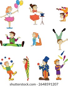 circus performers, jugglers, acrobats and magicians, boys and girls, cartoon style