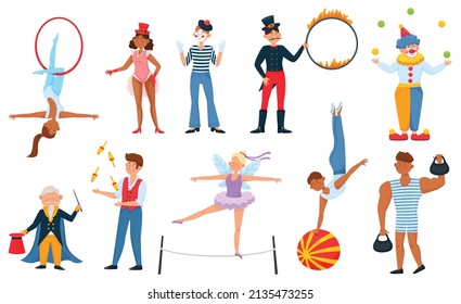 Circus performers, magician, clown, juggler, acrobat, strongman. Aerial acrobats, animal trainer with fire ring, carnival performer vector set. Characters in costumes in entertainment show