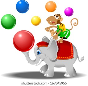 circus performers - monkey with balls and elephant, vector