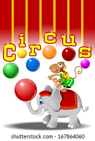 circus performers - monkey with balls and elephant, vector