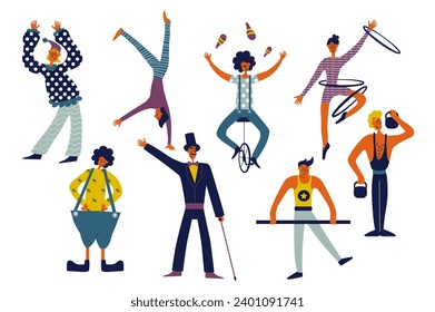 Circus performers people set in flat character design for web. Bundle persons of artist clowns, different acrobats and jugglers, female gymnast, comedians and illusionists. Vector illustration.