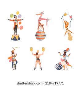 Circus performers performing at show set. Juggler, strongman, acrobat, trainer characters cartoon vector illustration