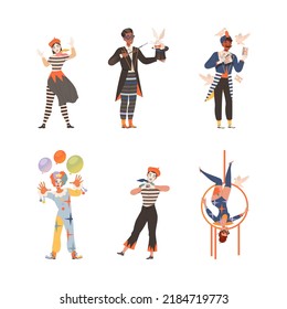 Circus performers performing at show set. Clown, acrobat, mime, magician characters cartoon vector illustration