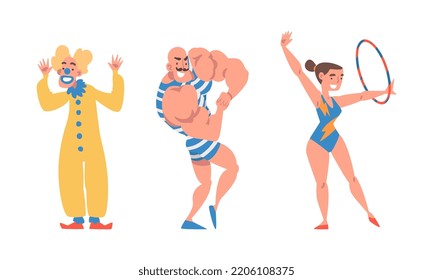 Circus performers set. Strongman, clown and aerial dancer characters cartoon vector illustration