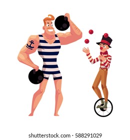 Circus performers - strongman, strong man and clown juggling balls while riding unicycle, cartoon vector illustration isolated on white background. Strongman and juggle circus performers