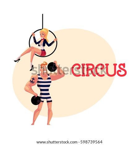 Circus performers - strongman, strong man and acrobat gymnast sitting on aerial hoop, cartoon vector illustration with place for text. Strongman, athlete and aerial hoop acrobat performers
