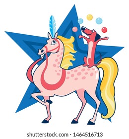 Circus, performing horse and dog, performance, vector characters