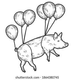 Circus, a pig flies on balloons. Engraving vector illustration. Sketch scratch board imitation.