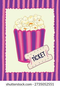 Ilustración vectorial de palomitas de circo y boletos, lindo cartel de dibujos animados para la fiesta de los niños, diseño de eventos de carnaval aislado en blanco