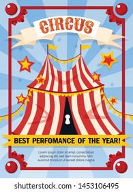 Circus Poster With Advertising Background Vintage Style Frames Signs And Big Top Booth With Editable Text Vector Illustration