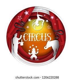 Circus poster banner design template. Vector paper cut circus arena decorations with aerial acrobatic, magician, trained elephant, clown juggler show in circle frame.